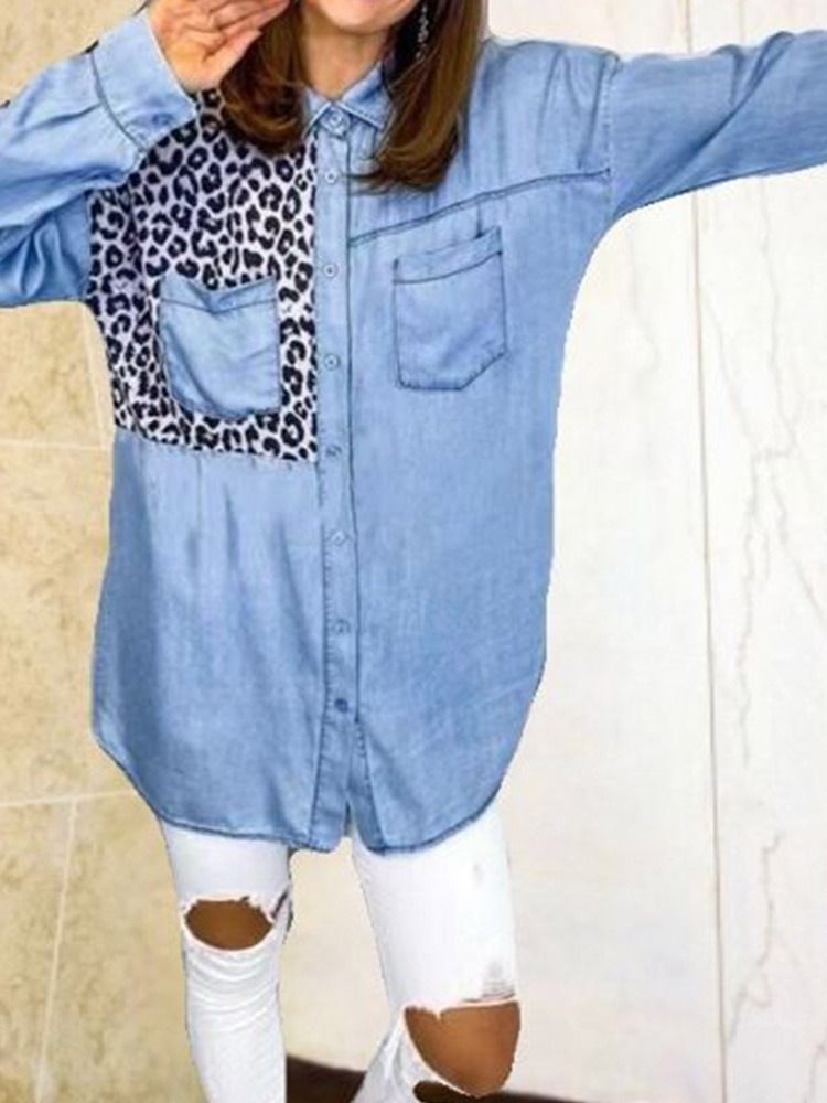 Vanlig Leopard Patchwork Långärmad Mellanlång Blus För Kvinnor