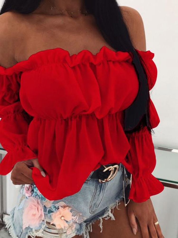 Vanlig Patchwork Off Shoulder Långärmad Mellanlång Blus