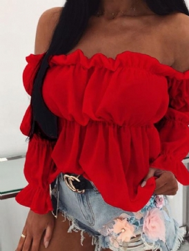 Vanlig Patchwork Off Shoulder Långärmad Mellanlång Blus