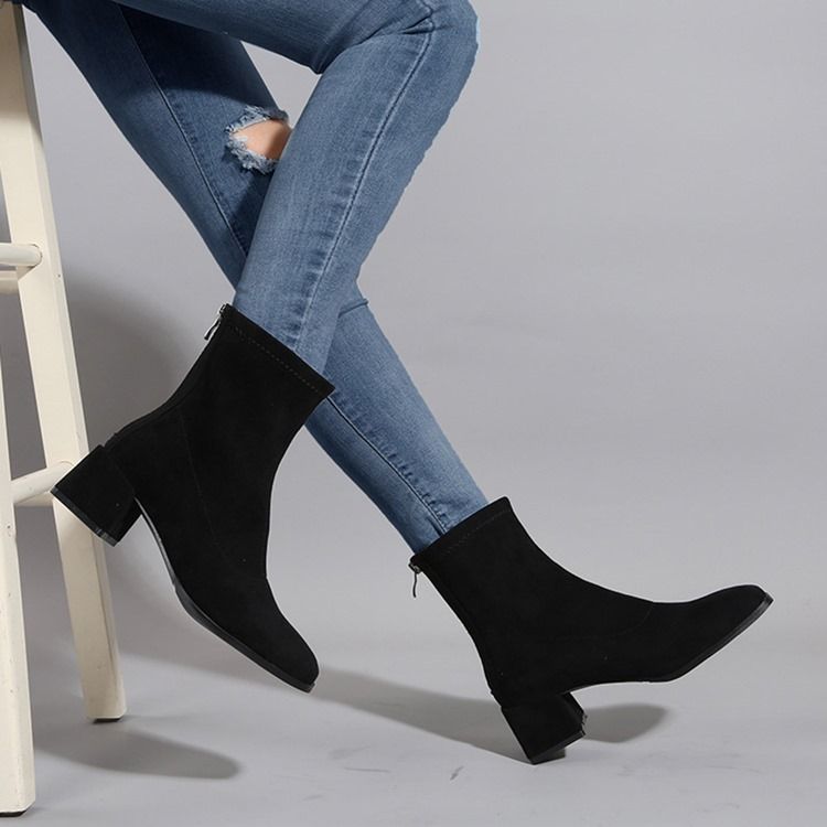 Block Heel Square Toe Plain Pu-Stövlar