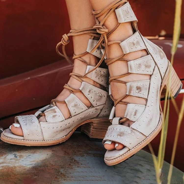 Chunky Häl Snörning Fram Peep Toe Professionella Stövlar