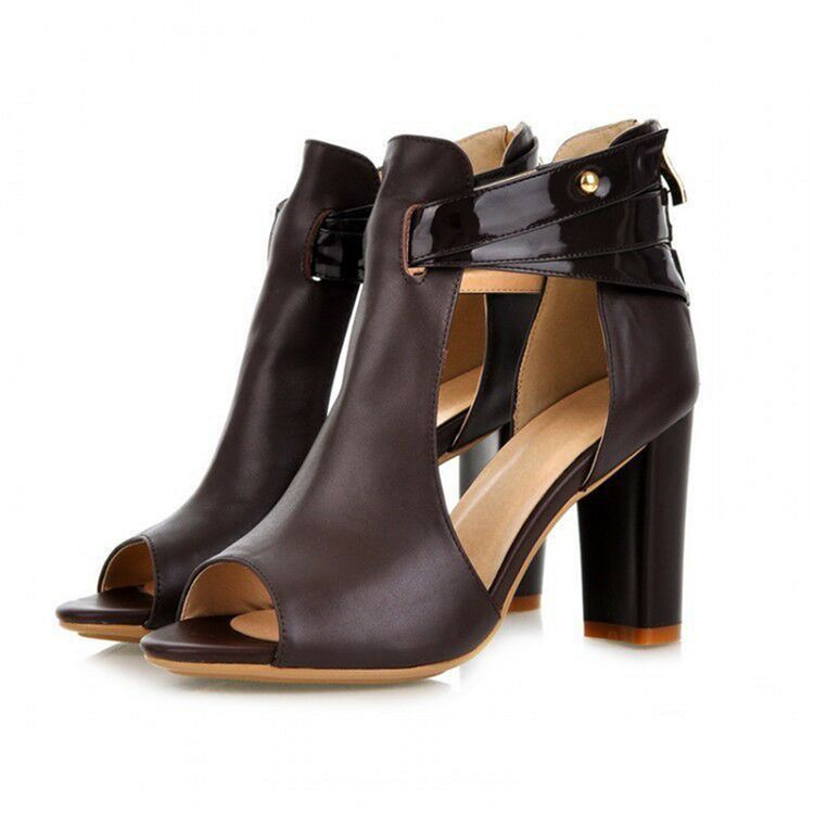 Chunky Heel Peep Toe Dragkedja Western Tunna Skor För Kvinnor
