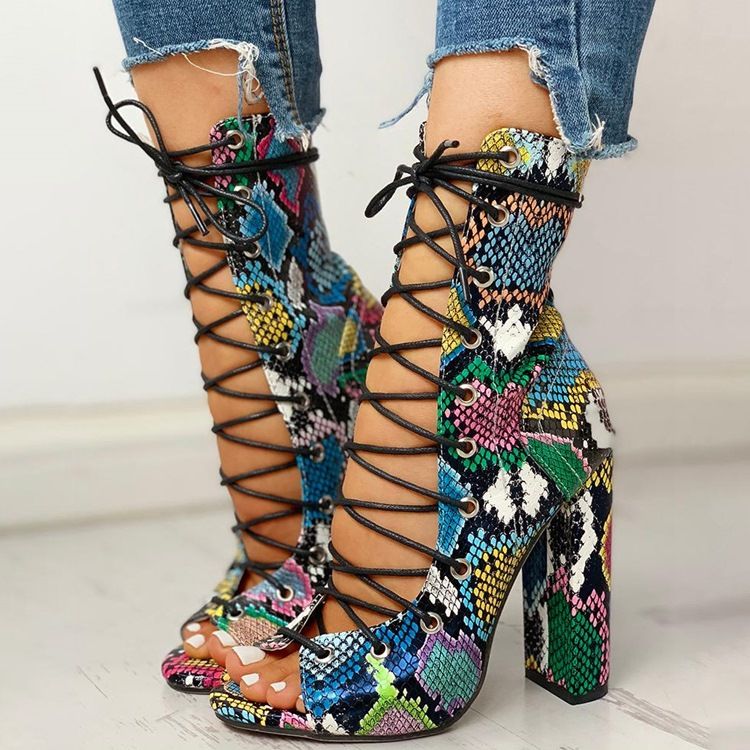 Peep Toe Chunky Heel Hollow Sandaler Med Snörning