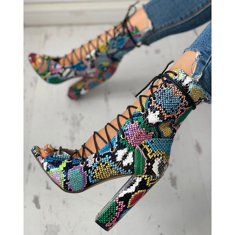 Peep Toe Chunky Heel Hollow Sandaler Med Snörning