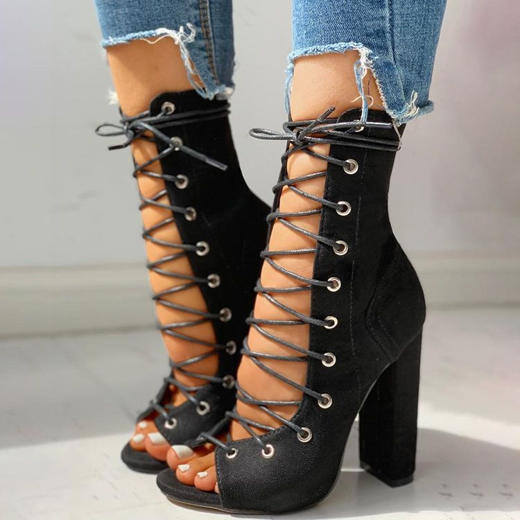 Peep Toe Chunky Heel Hollow Sandaler Med Snörning