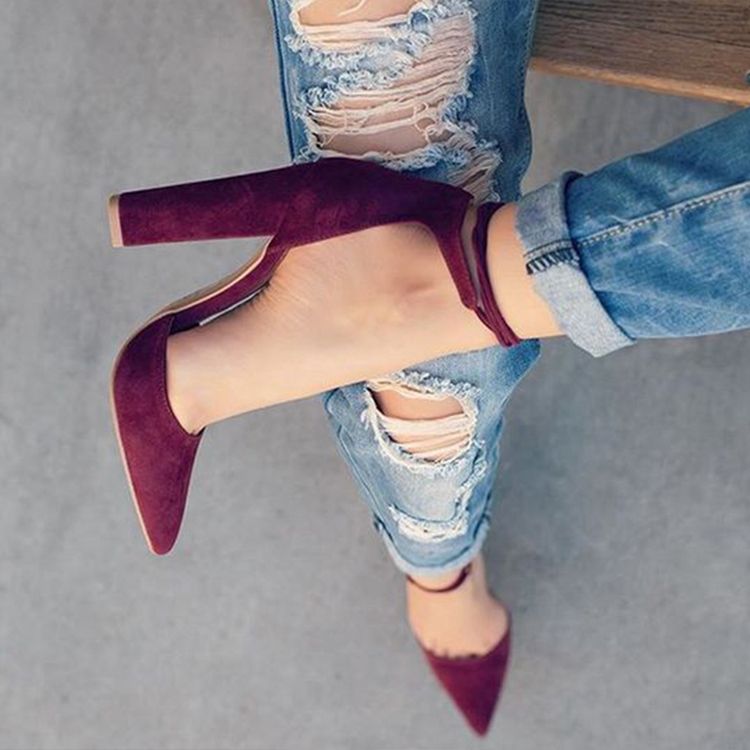 Point Toe Ankel Strap Chunky Sandaler