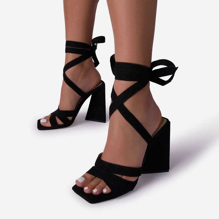 Snörnings-Chunky Heel European Open Toe Vanliga Sandaler