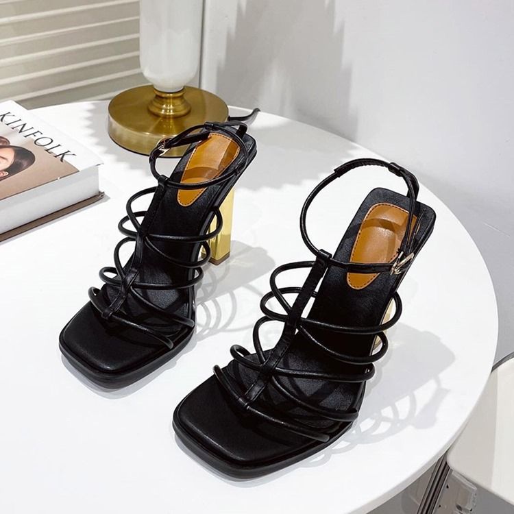 Spänne Chunky Heel Open Toe Professionella Plain Sandaler