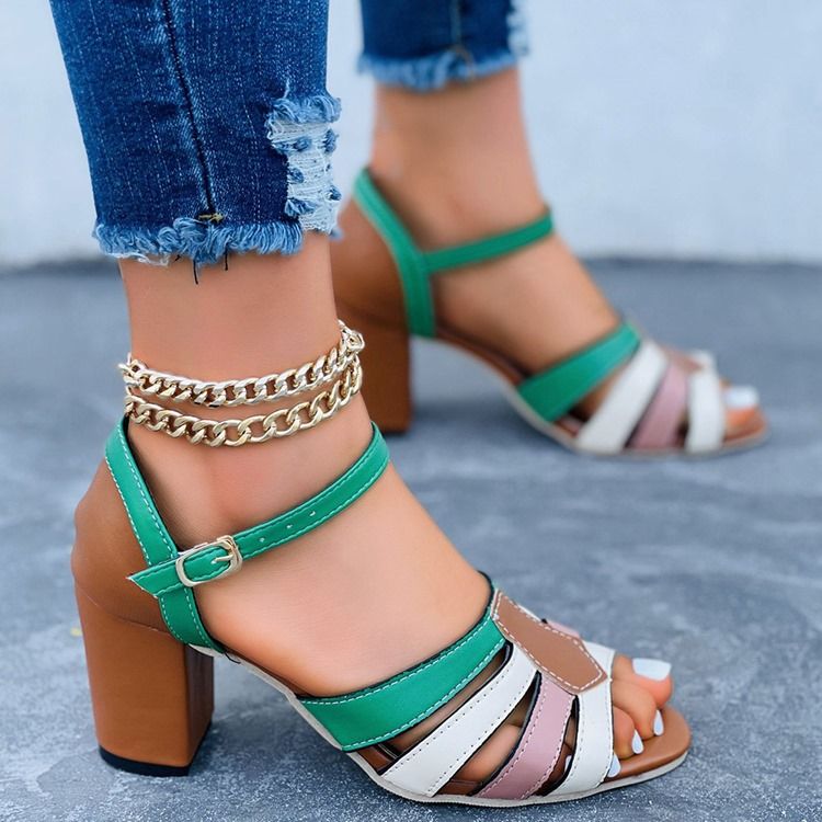 Spänne Chunky Heel Peep Toe Color Block Damsandaler