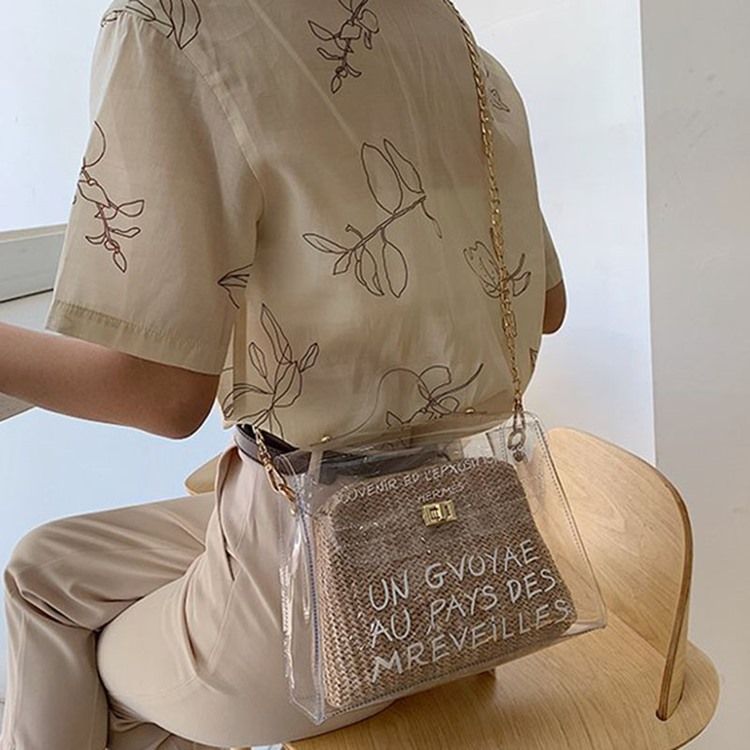Brevtryck Pvc Fyrkantig Halmaxel Crossbodyväska