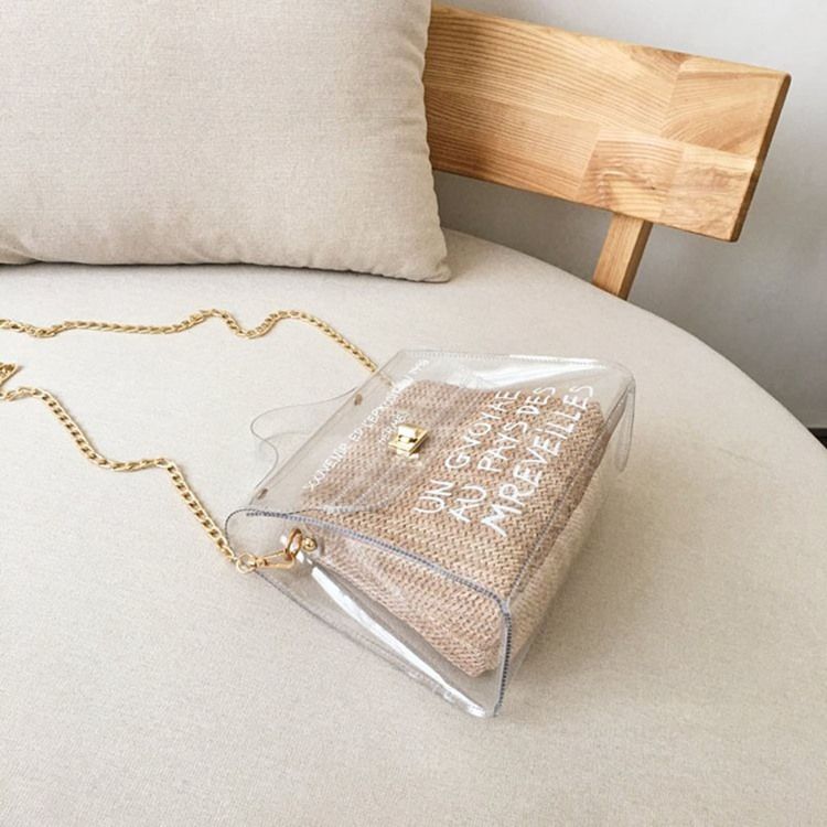 Brevtryck Pvc Fyrkantig Halmaxel Crossbodyväska