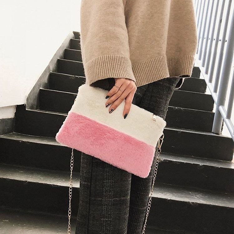 Faux Fur Color Block Rektangel Crossbody-Väskor