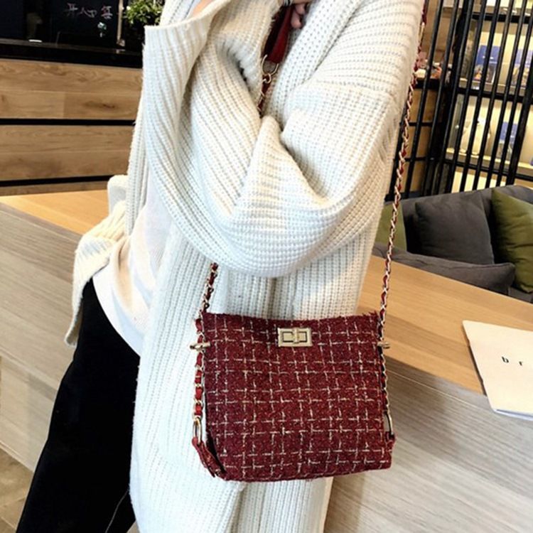 Pläd Stickad Ullblandningar Rektangulära Crossbody-Väskor