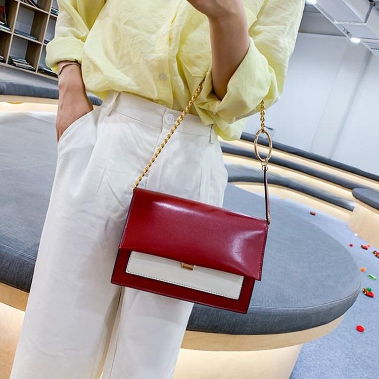 Pu Color Block Chain Rektangel Crossbody-Väskor
