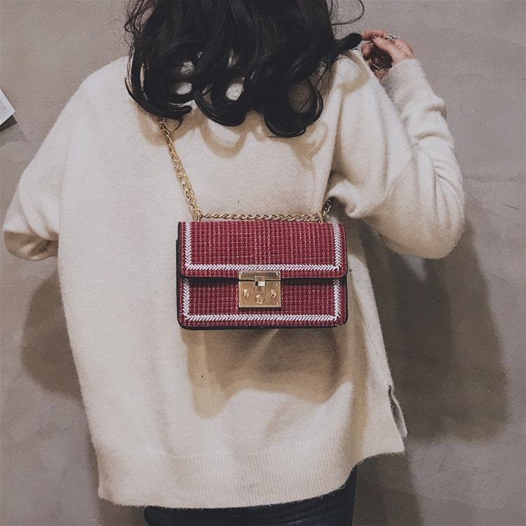 Pu Stickade Plädade Rektangulära Crossbody-Väskor