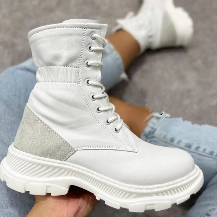 Rund Tå Snörning Fram Color Block Western Platt Stövlar Boots