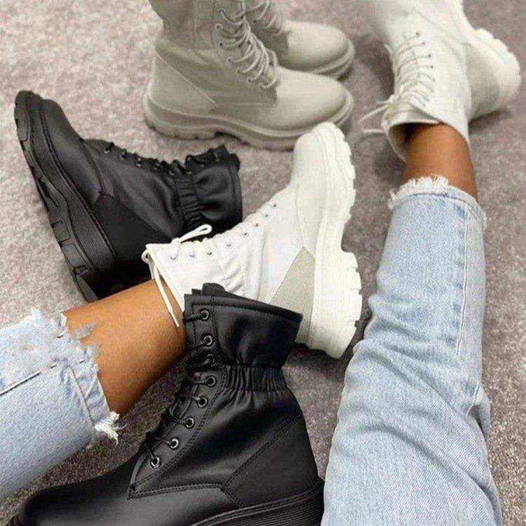 Rund Tå Snörning Fram Color Block Western Platt Stövlar Boots