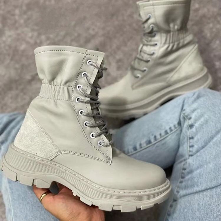Rund Tå Snörning Fram Color Block Western Platt Stövlar Boots