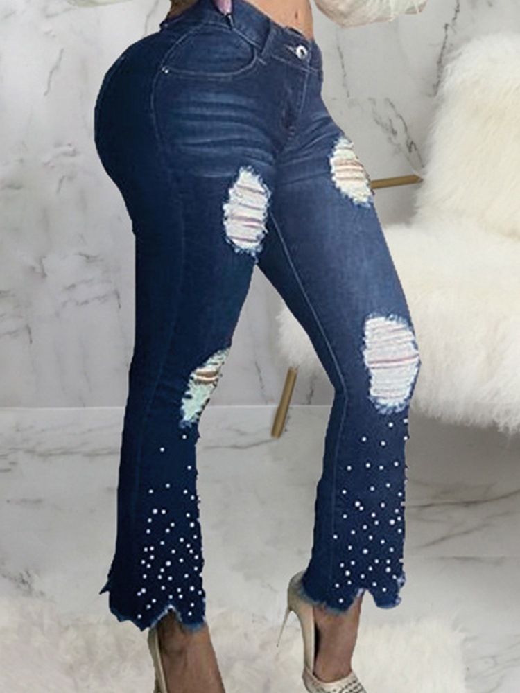 Bead Bellbottoms Gradient Zipper Mid Waist Jeans