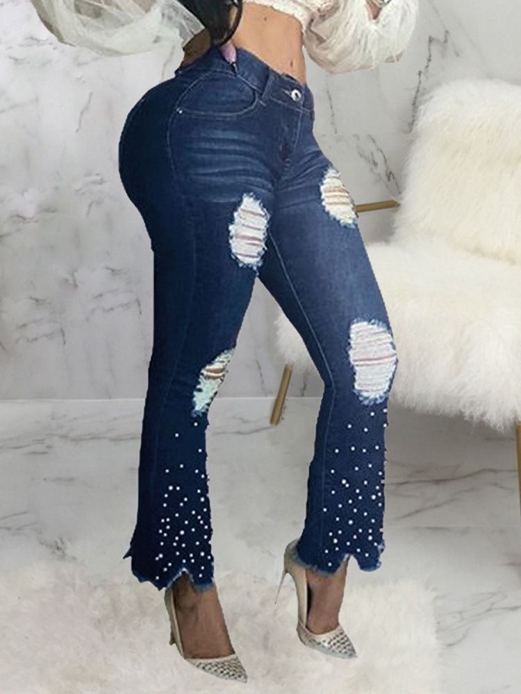 Bead Bellbottoms Gradient Zipper Mid Waist Jeans
