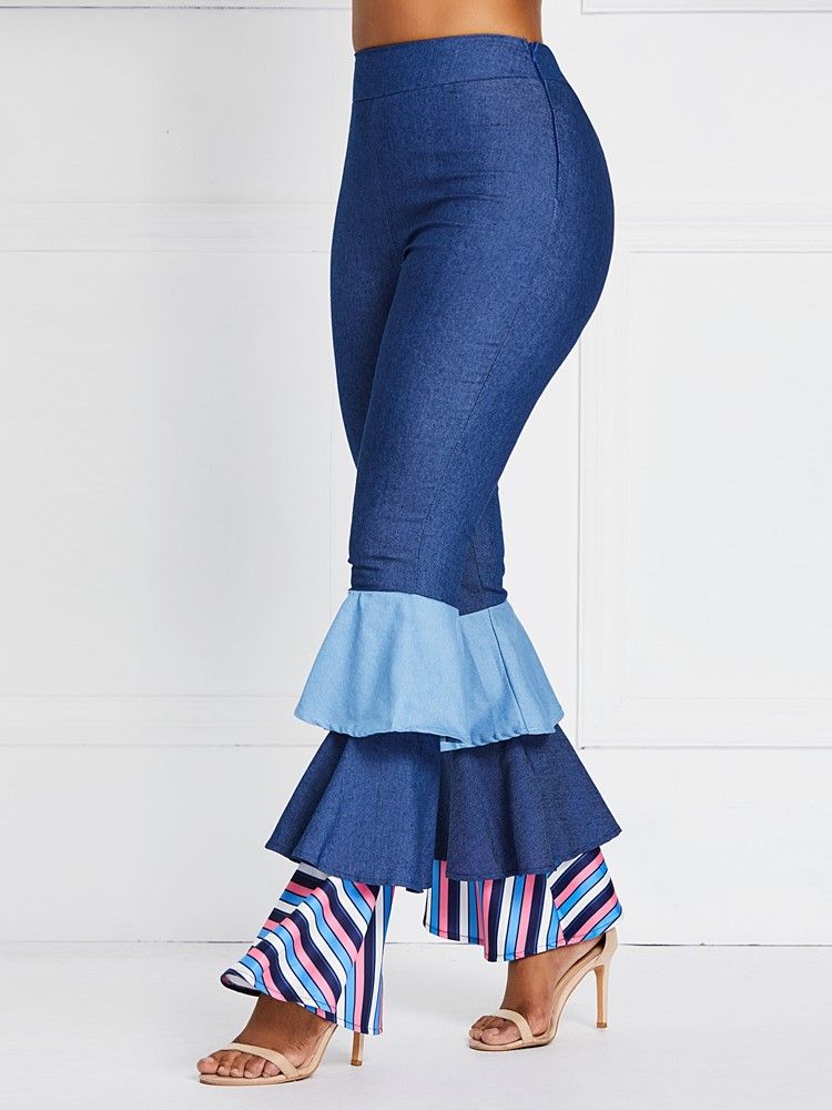 Bellbottoms Volanger Patchwork Color Block Jeans Med Hög Midja