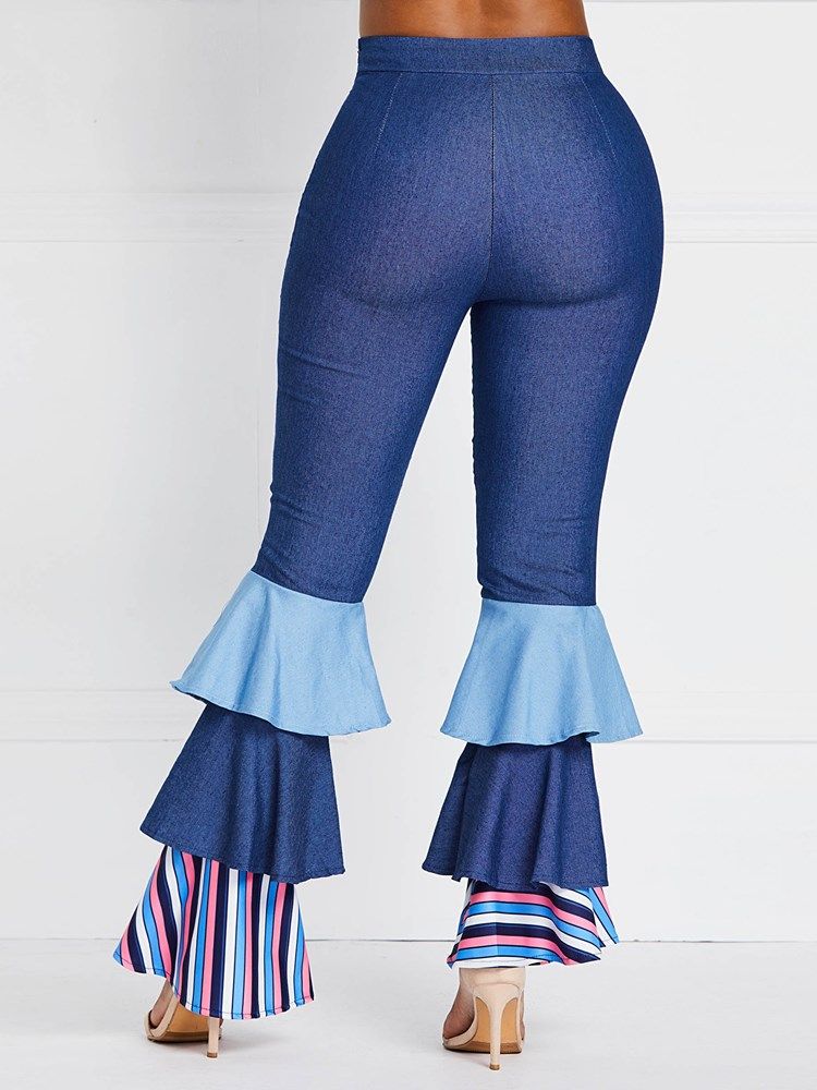 Bellbottoms Volanger Patchwork Color Block Jeans Med Hög Midja
