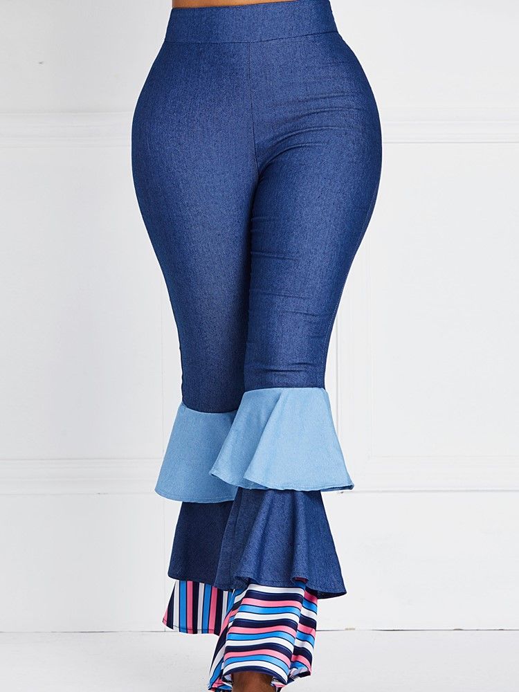 Bellbottoms Volanger Patchwork Color Block Jeans Med Hög Midja