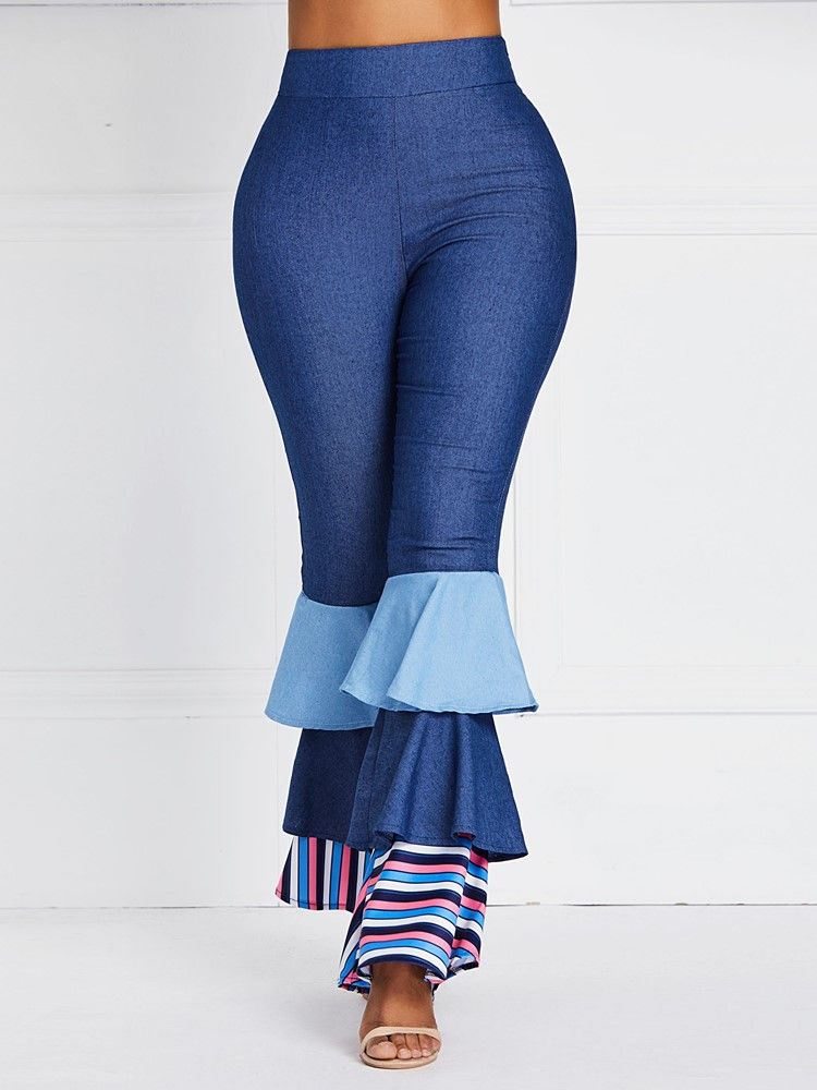 Bellbottoms Volanger Patchwork Color Block Jeans Med Hög Midja