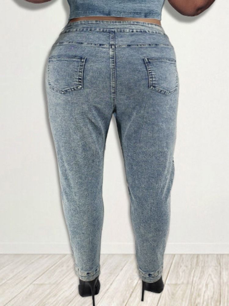 Blyertsbyxor Med Snörning Vanligt Blixtlås Jeans Med Mitten Av Midjan