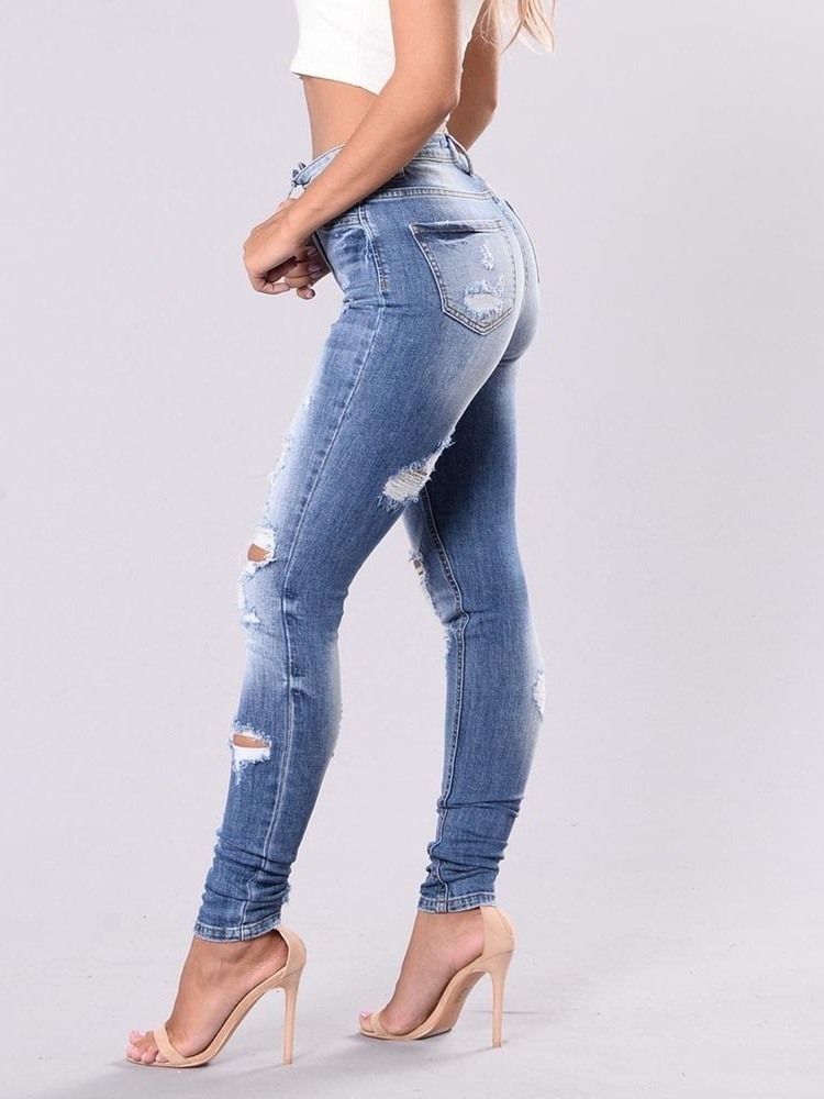 Enkla Slitna Tvättbara Smala Jeans
