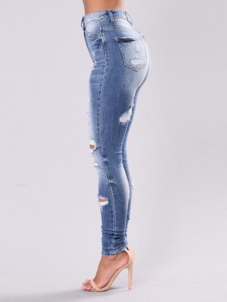 Enkla Slitna Tvättbara Smala Jeans