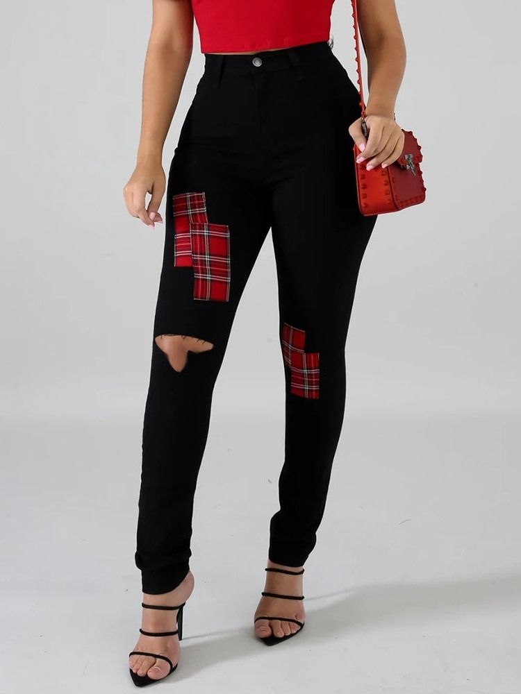 Hål Färg Block Pencil Byxor Hål Skinny Jeans