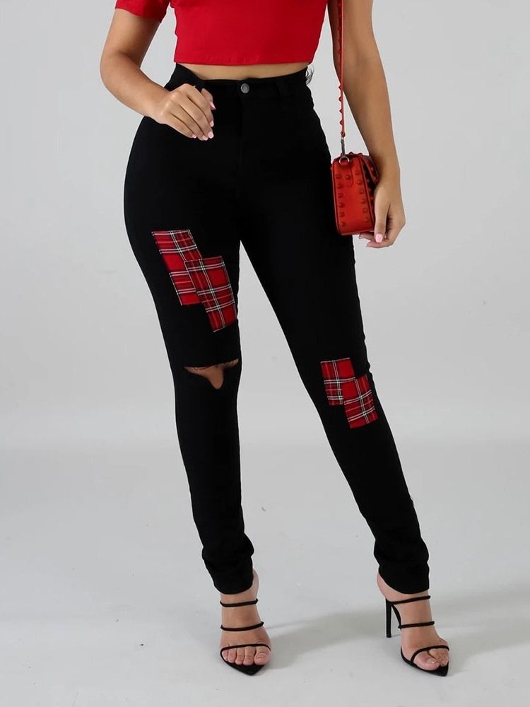 Hål Färg Block Pencil Byxor Hål Skinny Jeans