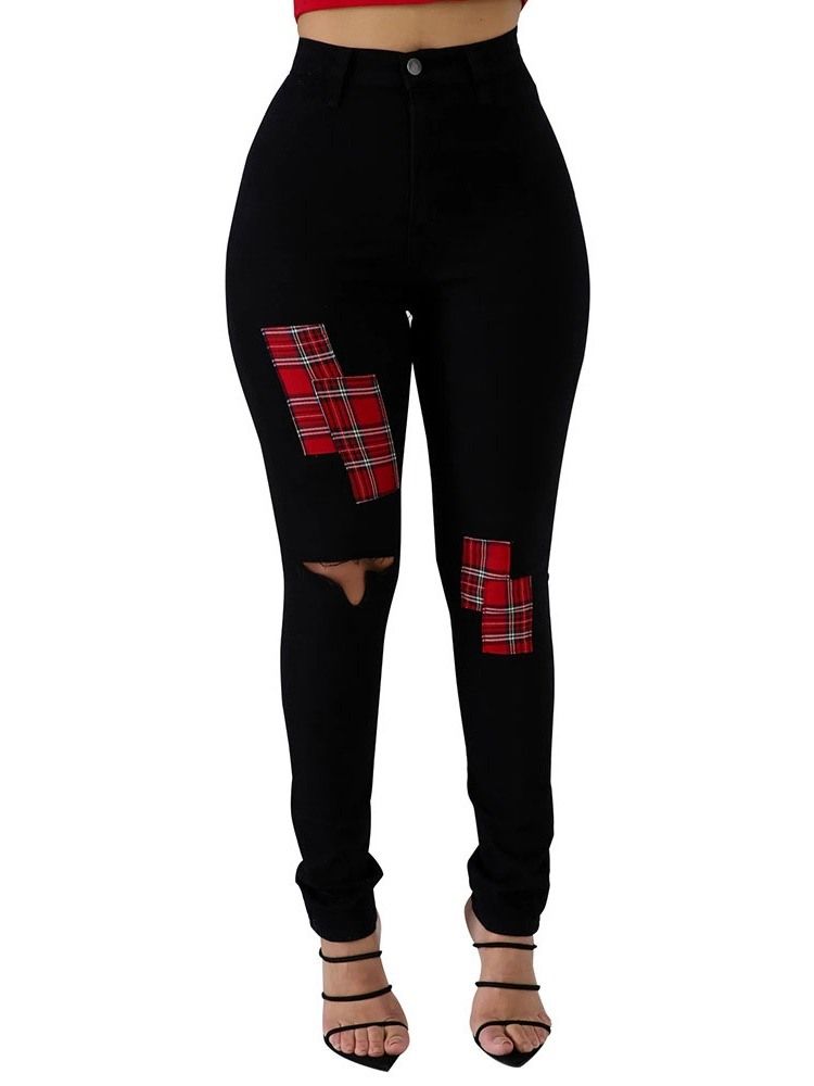 Hål Färg Block Pencil Byxor Hål Skinny Jeans
