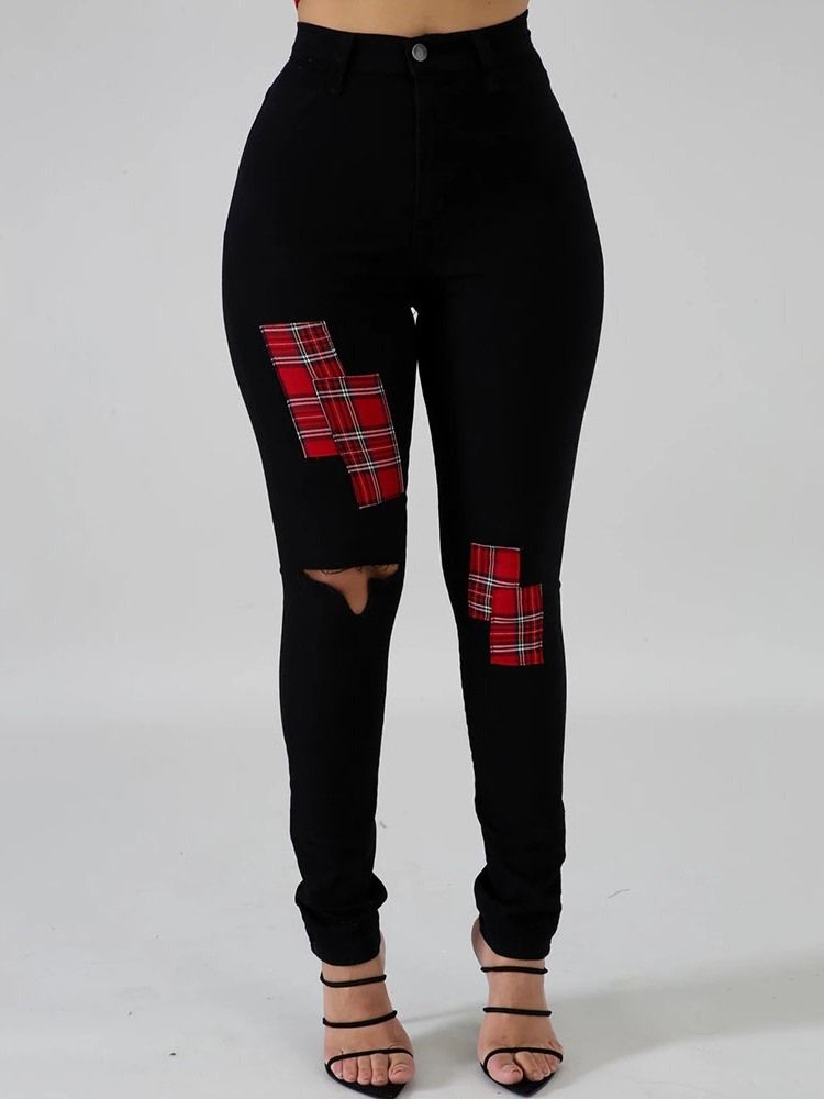 Hål Färg Block Pencil Byxor Hål Skinny Jeans