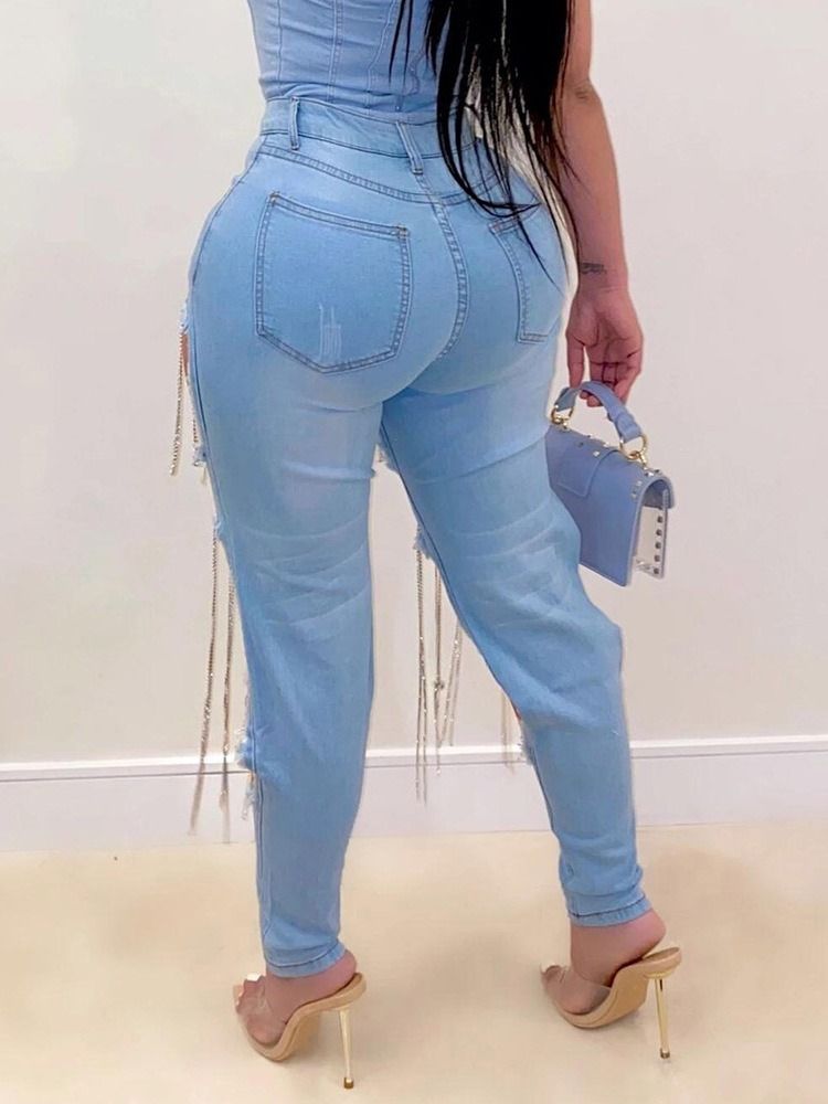 Hål Pencil Byxor Slim Jeans Med Dragkedja
