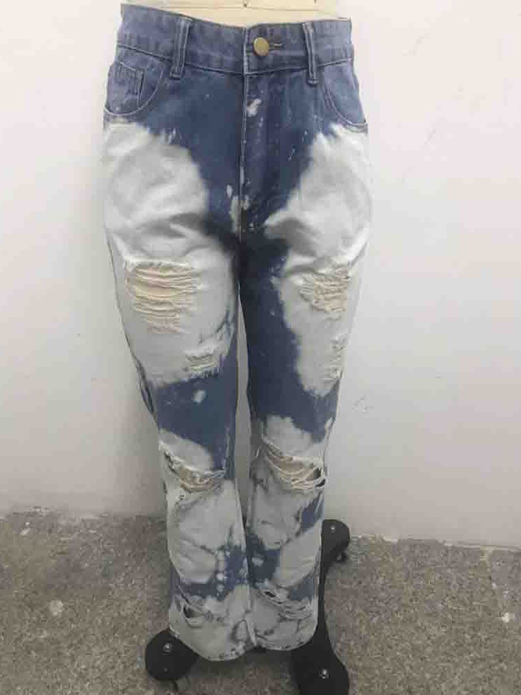 Hål Rak Lösa Jeans Med Hög Midja