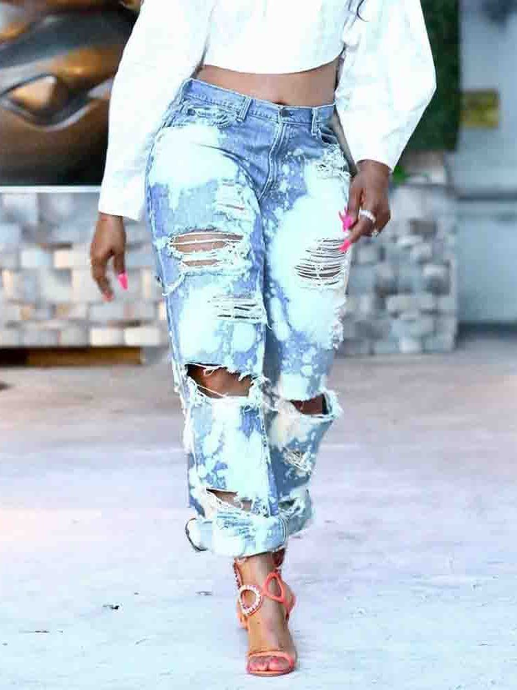 Hål Rak Lösa Jeans Med Hög Midja