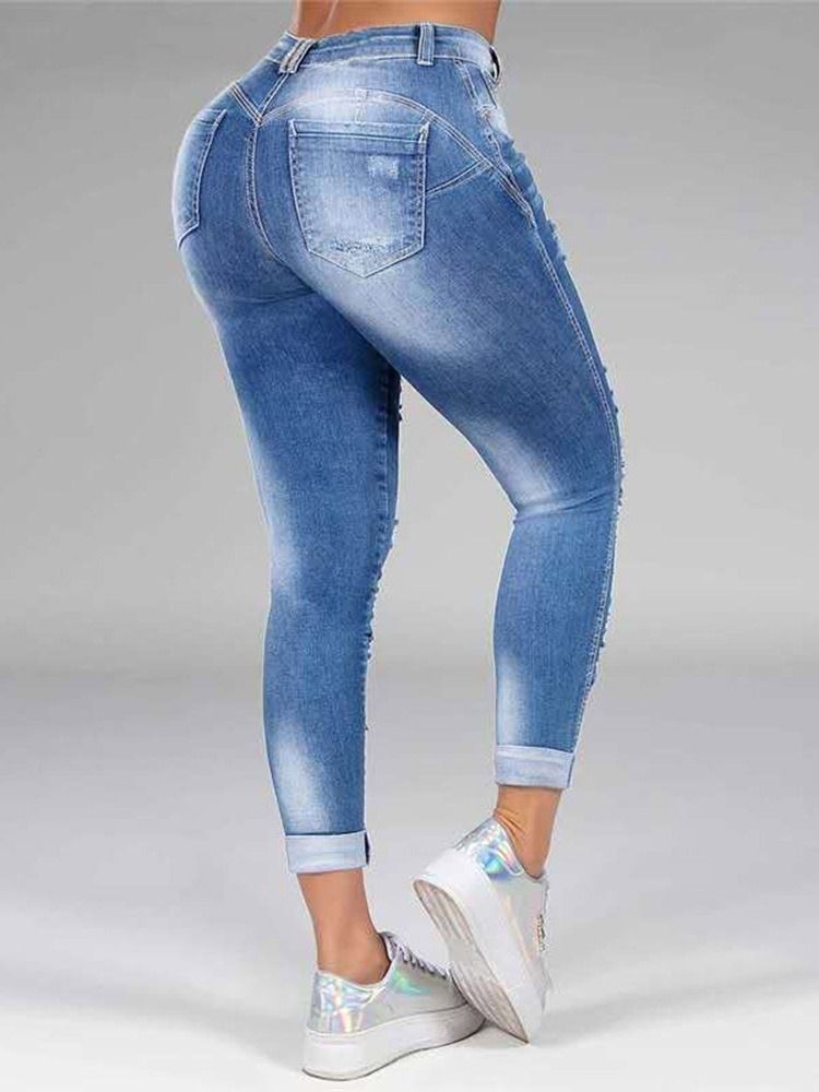 Hål Rak Vanlig Dragkedja Mid Waist Dam Jeans