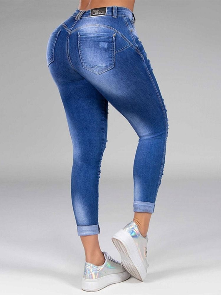 Hål Rak Vanlig Dragkedja Mid Waist Dam Jeans
