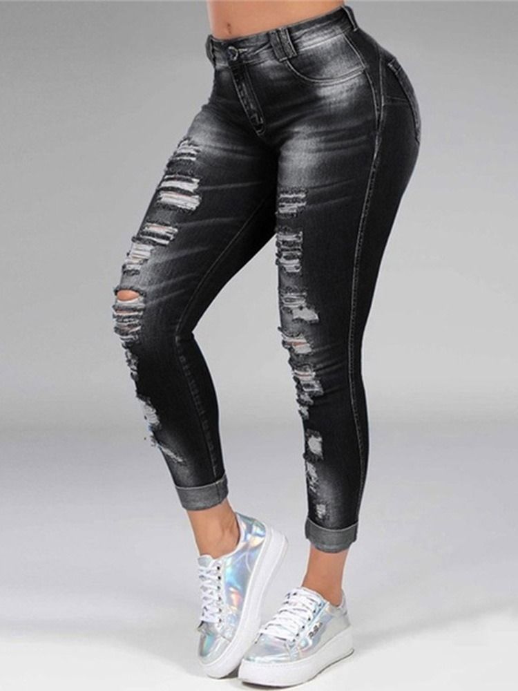 Hål Rak Vanlig Dragkedja Mid Waist Dam Jeans