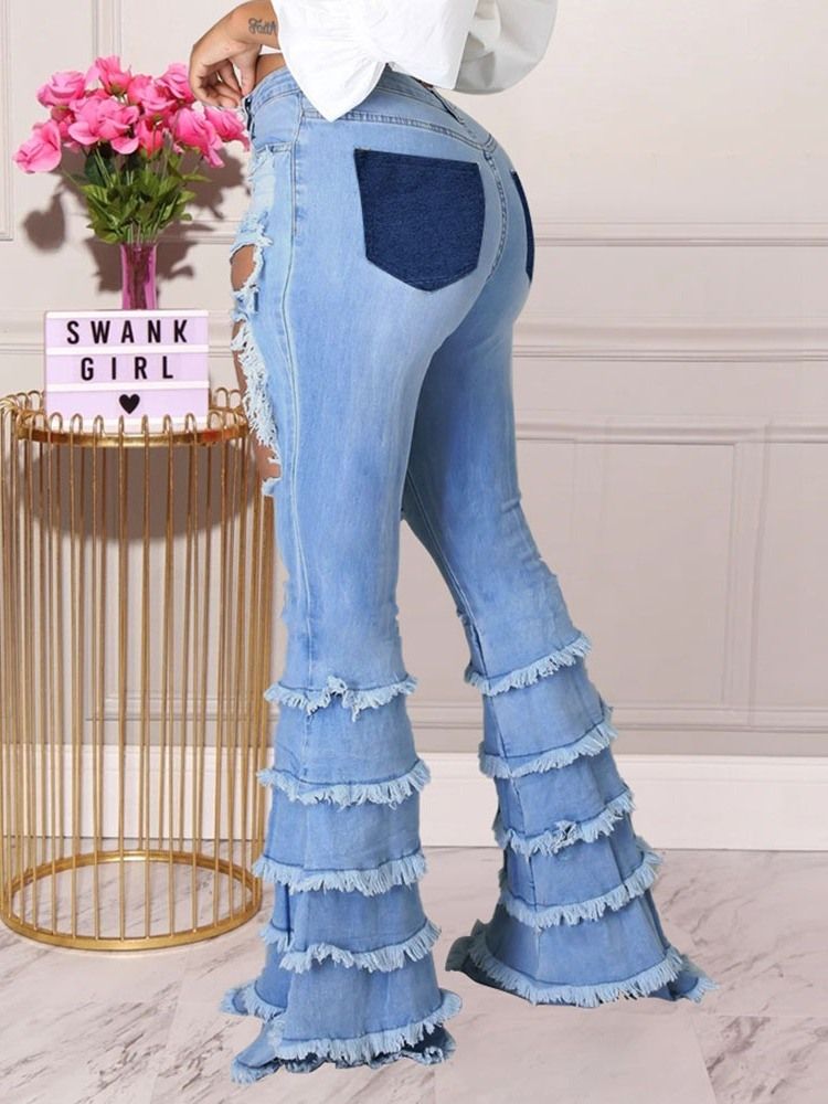 Patchwork Bellbottoms Zipper Slim Jeans För Kvinnor