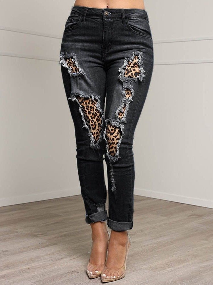 Patchwork Leopard Pencil Byxor Dragkedja Slim Jeans För Kvinnor