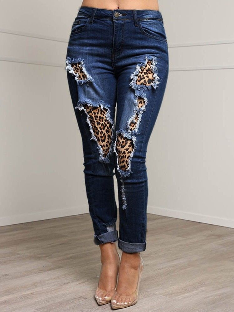 Patchwork Leopard Pencil Byxor Dragkedja Slim Jeans För Kvinnor