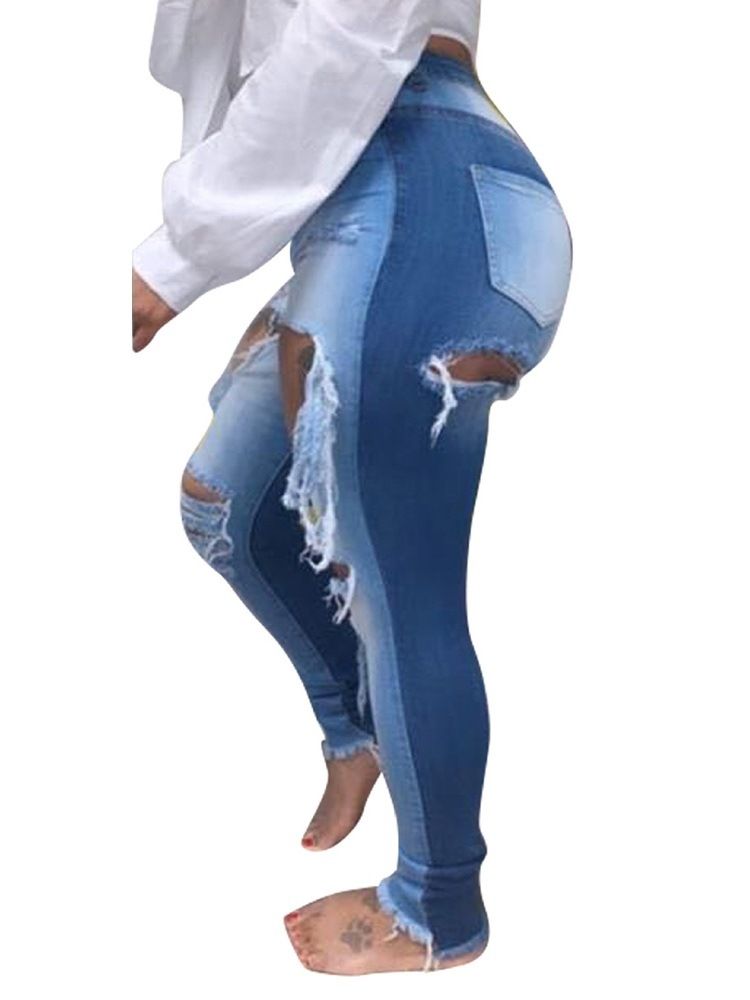 Pencil Byxor Hål Färg Block Dragkedja Skinny Jeans