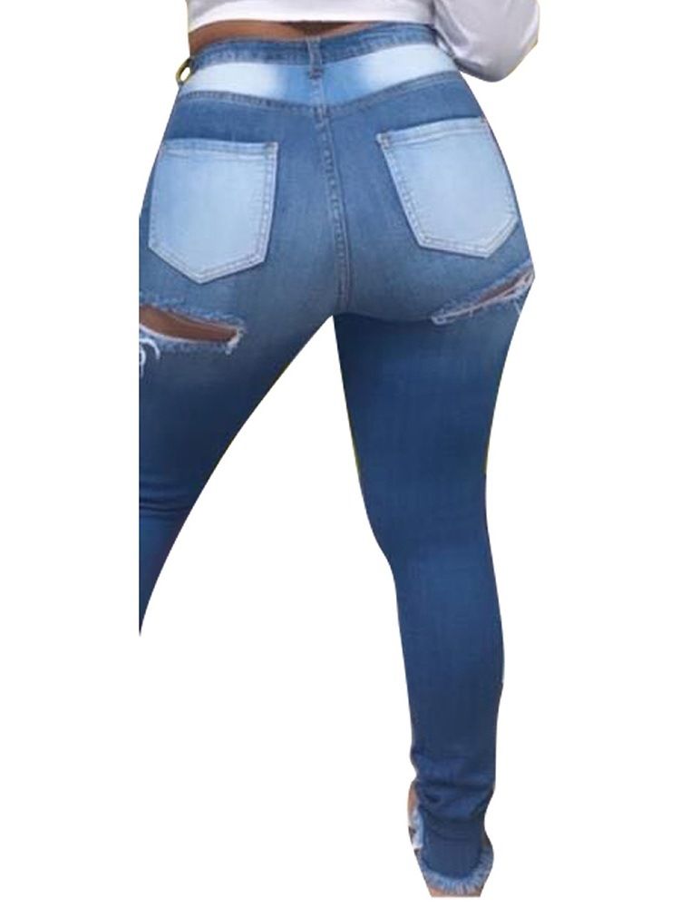 Pencil Byxor Hål Färg Block Dragkedja Skinny Jeans