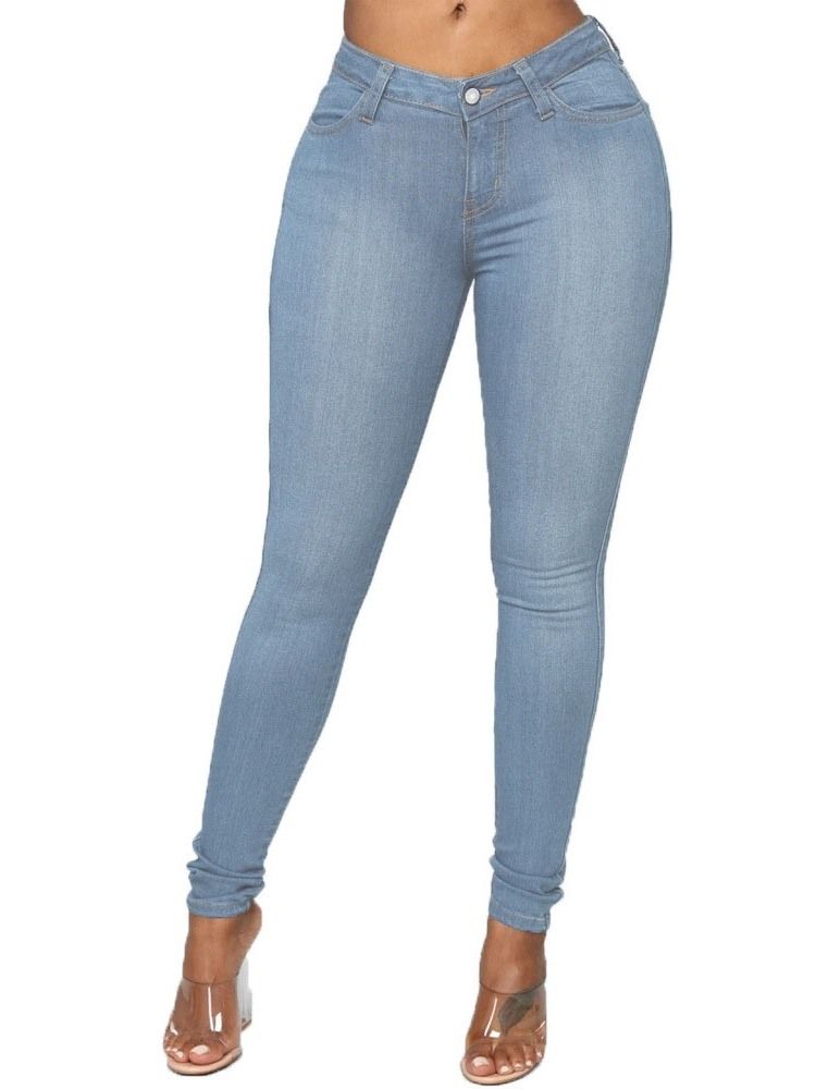 Pencil Byxor Knapp Vanliga Kvinnors Slim Mid Midja Jeans