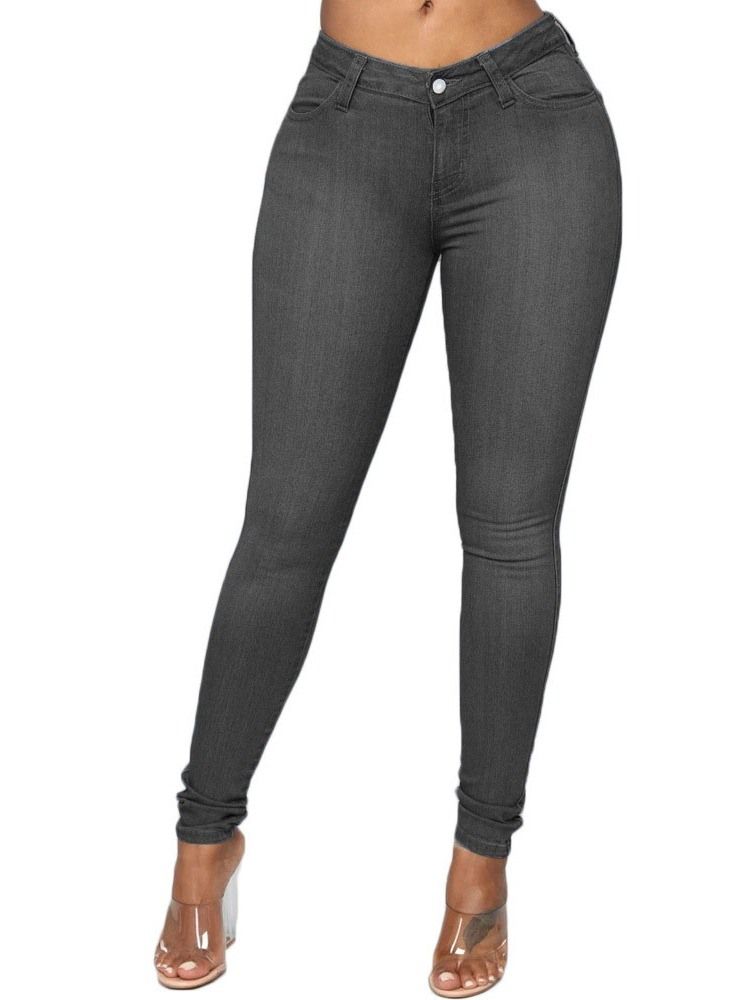 Pencil Byxor Knapp Vanliga Kvinnors Slim Mid Midja Jeans