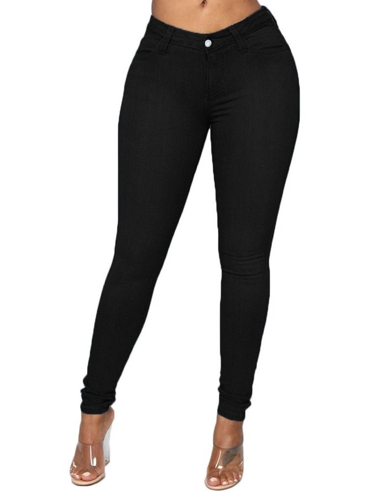 Pencil Byxor Knapp Vanliga Kvinnors Slim Mid Midja Jeans