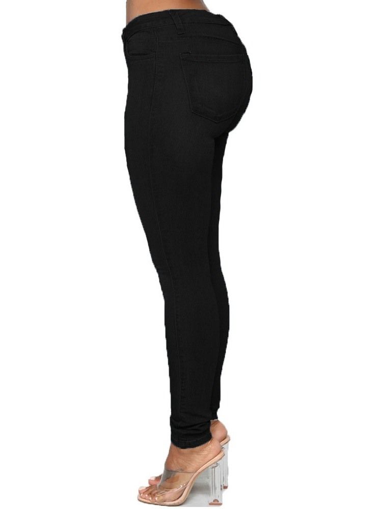 Pencil Byxor Knapp Vanliga Kvinnors Slim Mid Midja Jeans